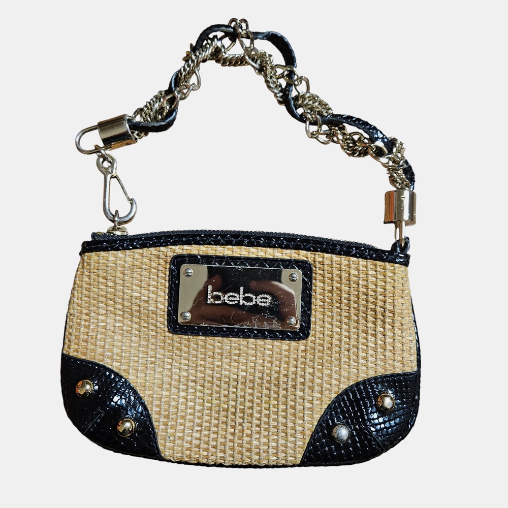 Bebe Straw Chain Strap Wristlet Baguette Bag Purse Woven Patent Trim Chic Y2K